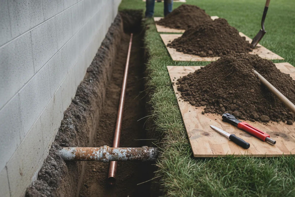 Excavated water line trench during Sewer Line Repair in Greensboro